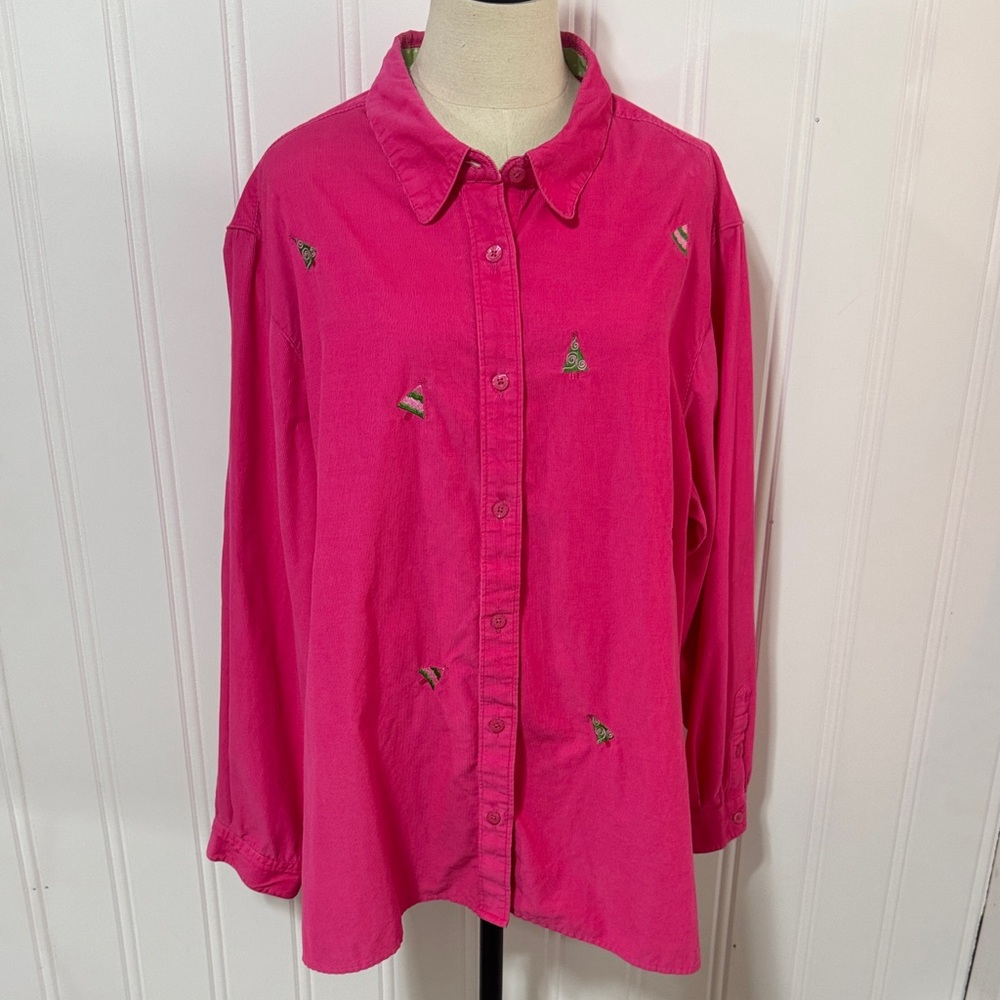 Quacker Factory Pink Corduroy Christmas Tree Button Down Shirt size 2x